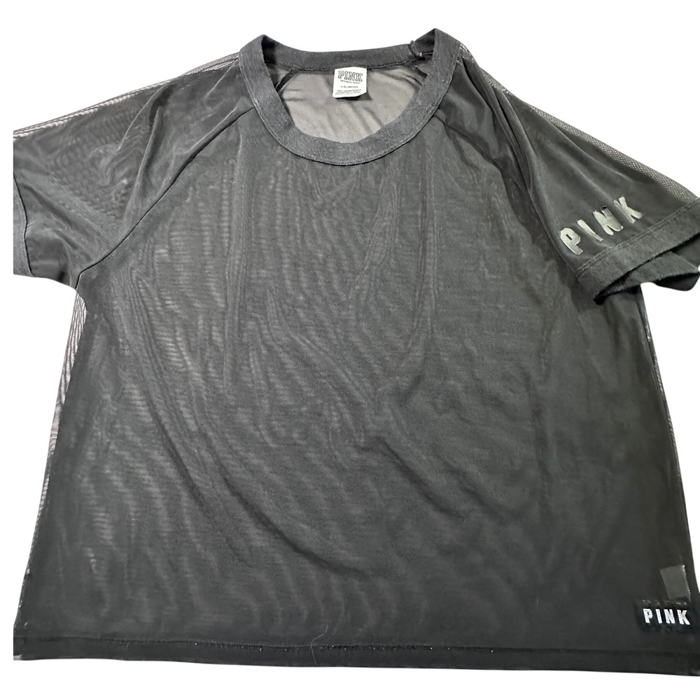 Victoria's Secret PINK Black Sheer Mesh Short Sleeve Top Logo Large whimsical